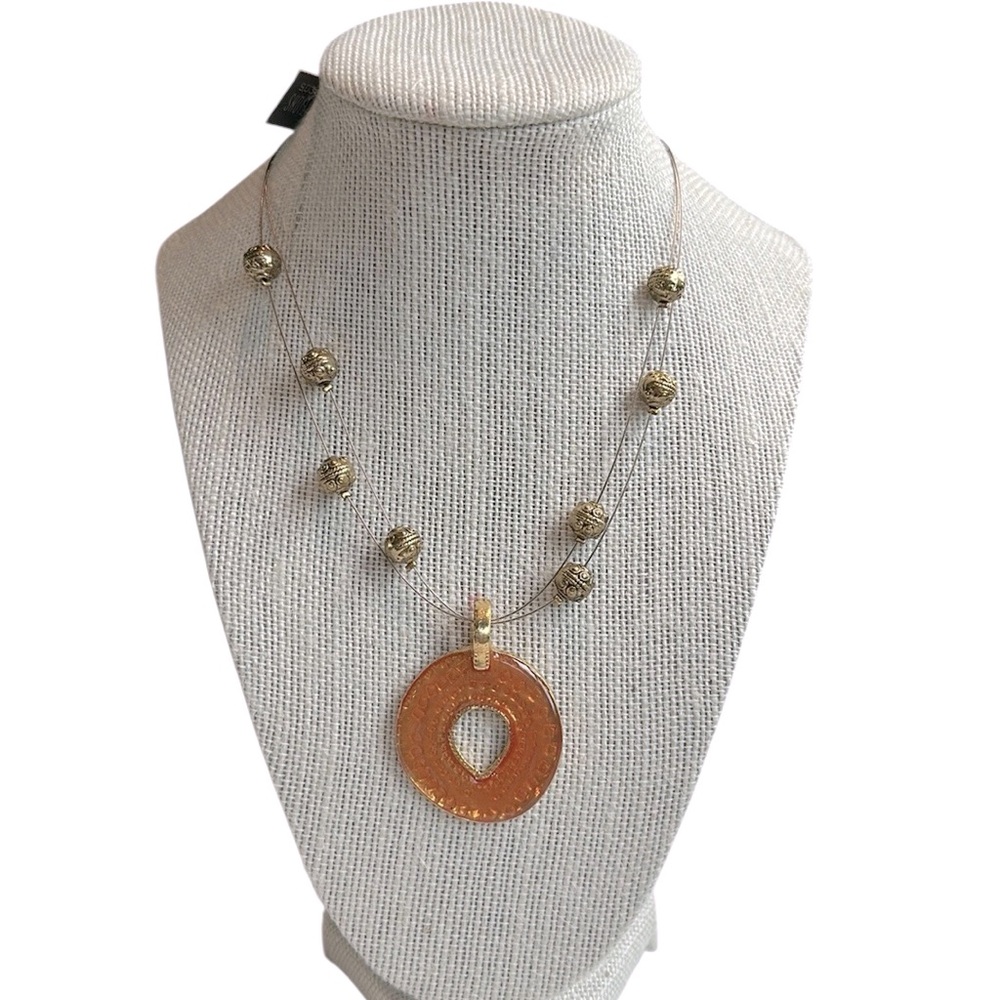 Chico's Pomelo Orange Pendant Necklace Gold Filigree Beads Statement Jewelry